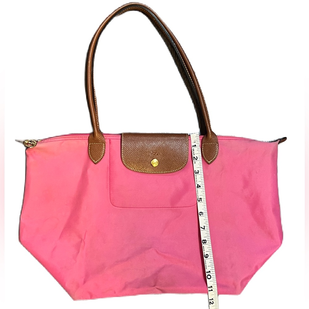 Longchamp Le Pliage Original tote, in pink nylon with brown leather trim. Used - Picture 13 of 14